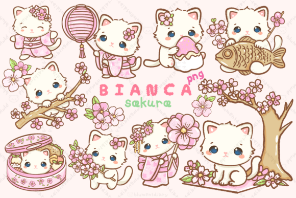 Download Kawaii White Cat Sakura Festival Clipart - White Collection