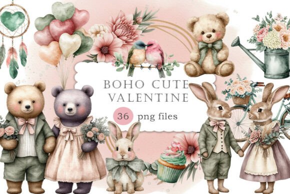 Download Boho Cute Valentine Watercolor Clipart - Valentine watercolor Collection